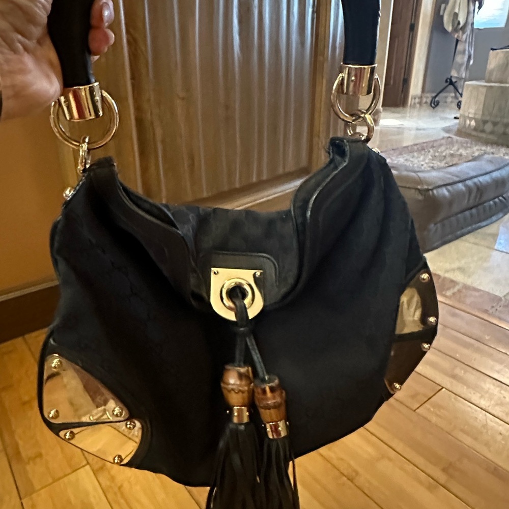 GUCCI Black GG Canvas and Leather Medium Babouska Indy Hobo